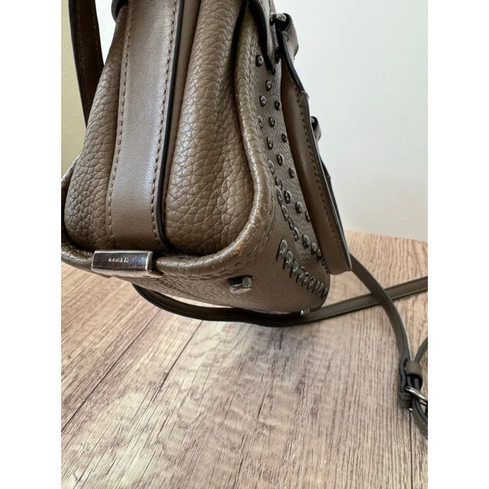 Coach Swagger 27 Studded Pebble Leather Satchel 57696 Olive Taupe Gunmetal